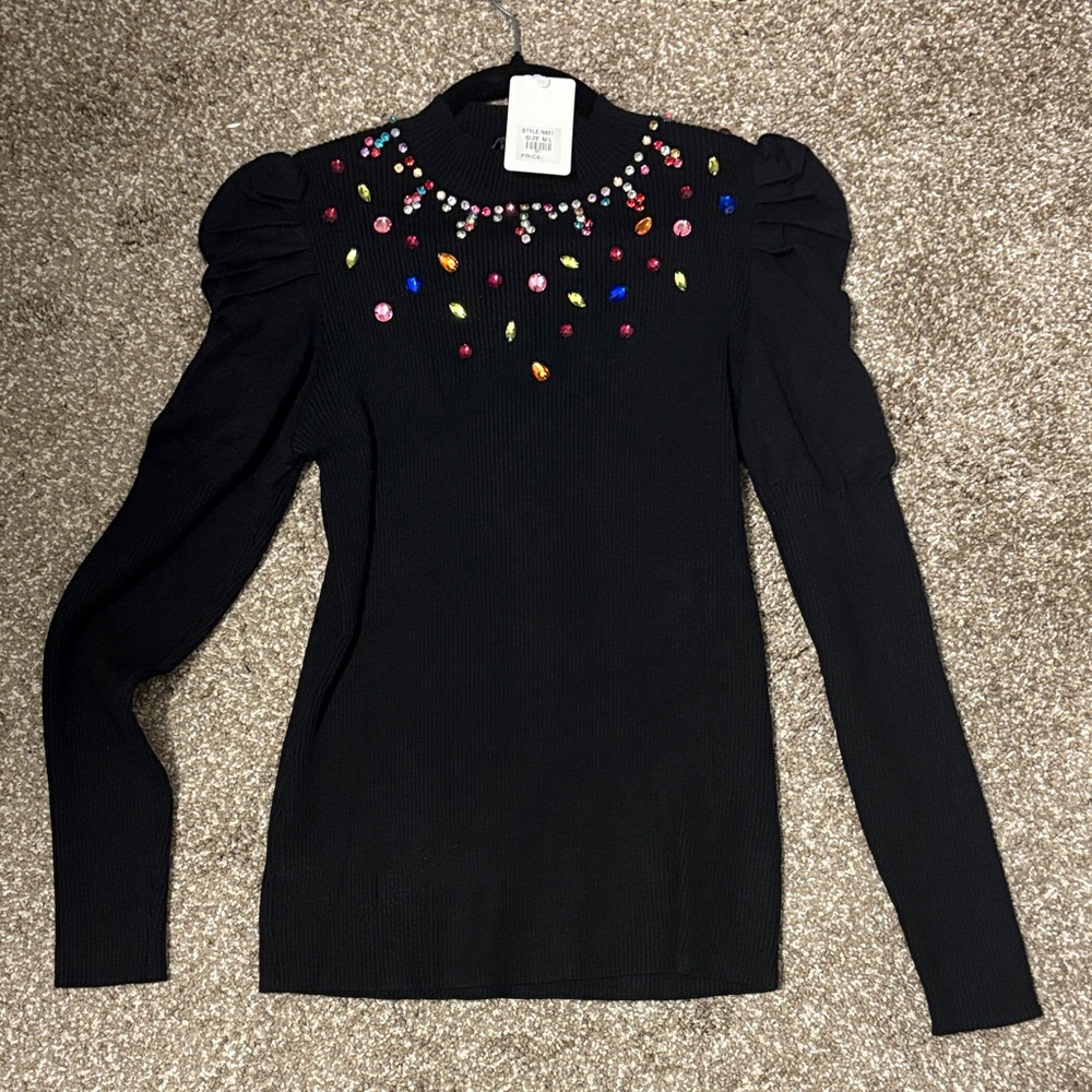 Everly Black Long Sleeve Top with Jewel Accents